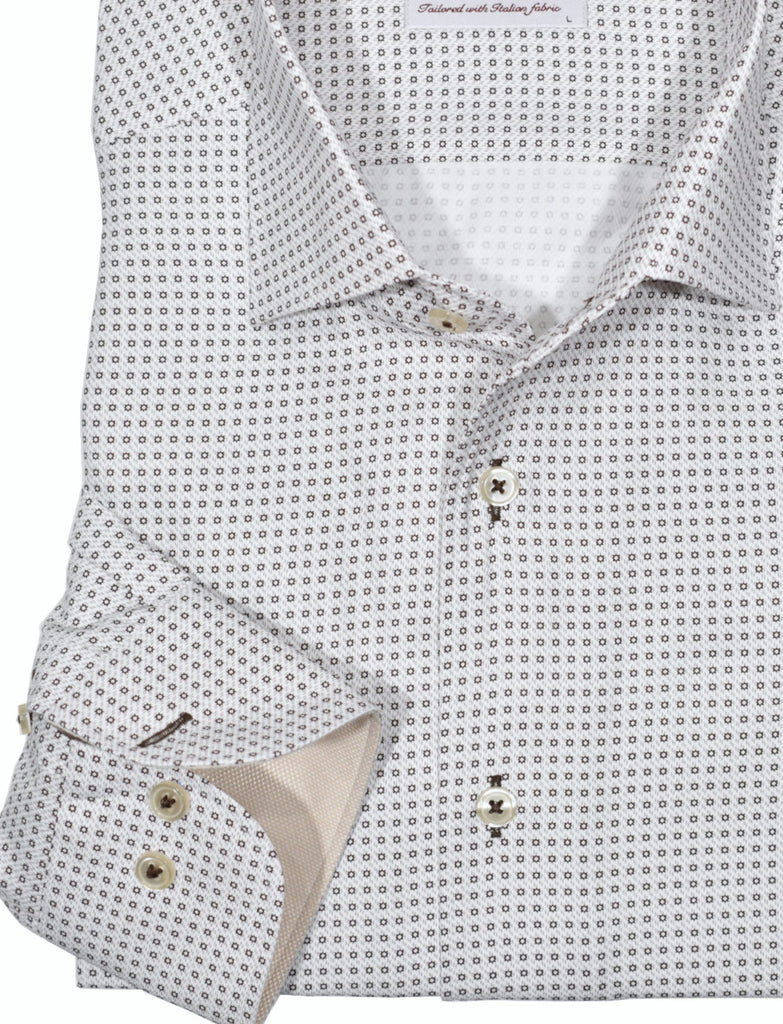 The ultimate, Marcello one piece roll collar, where the collar stands perfectly. The cotton microfiber fabric sports a rich herringbone pattern that feels great to the touch and the subtle print in soft tan creates an updated traditional pattern with style.   Details include custom selected buttons, fashion cuff trim fabric and fine stitching.   Excellent choice to pair with bottoms in most colors.  Classic shaped fit. 