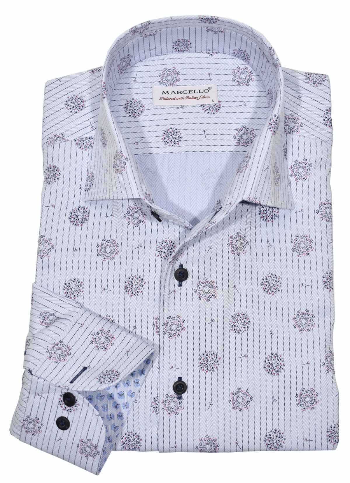 Marcello exclusive open roll collar stands perfect and looks great all the time.  Soft cotton microfiber with a herringbone finish to the fabric sports a fine stripe and a floating abstract medallion print. The perfect shirt to sport an attitude fit for cool jeans.  Classic shaped fit.