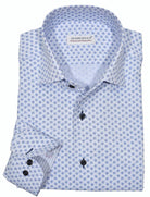 The ultimate, Marcello one piece roll collar, where the collar stands perfectly. The cotton microfiber fabric sports a rich and fine soft blue herringbone pattern that feels great to the touch.  The abstract print pattern with navy and blue shades creates a fashion look perfect for denims or under a navy sport coat.   Details include custom selected buttons, fashion cuff trim fabric and fine stitching.   Classic shaped fit. 