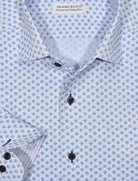 The ultimate, Marcello one piece roll collar, where the collar stands perfectly. The cotton microfiber fabric sports a rich and fine soft blue herringbone pattern that feels great to the touch.  The abstract print pattern with navy and blue shades creates a fashion look perfect for denims or under a navy sport coat.   Details include custom selected buttons, fashion cuff trim fabric and fine stitching.   Classic shaped fit. 
