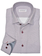 The ultimate, Marcello one piece roll collar, where the collar stands perfectly.  The cotton microfiber fabric sports a rich and fine soft pique stitch. The fine circle pattern in ruby red with navy accents creates a fashion look perfect for denims or under a navy sport coat.   Details include custom selected buttons, fashion cuff trim fabric and fine stitching.   Classic shaped fit. 