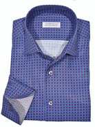 The ultimate, Marcello one piece roll collar, where the collar stands perfectly and the ultra cotton fabric feels incredible.  The tight circle print pattern in welcoming blue shades with fine red accents is an excellent choice to pair with any color denim jeans.  Complimentary under cuff trim fabric, matched buttons and matched stitching.  Classic shaped fit.