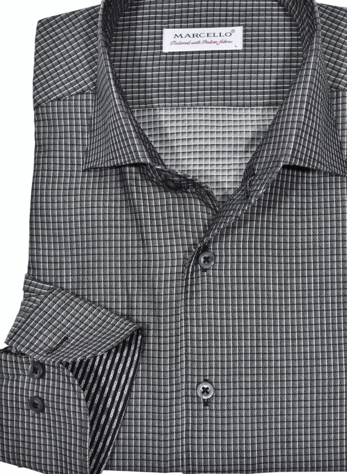 The ultimate, Marcello one piece roll collar, where the collar stands perfectly and the ultra cotton fabric feels incredible.  Shades of black and grey in a neat window pane pattern is fantastic for a dressy, rich sport shirt.  Pair it with any black or gray toned bottoms for a sharp debonair image.   Classic shaped fit.