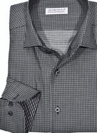 The ultimate, Marcello one piece roll collar, where the collar stands perfectly and the ultra cotton fabric feels incredible.  Shades of black and grey in a neat window pane pattern is fantastic for a dressy, rich sport shirt.  Pair it with any black or gray toned bottoms for a sharp debonair image.   Classic shaped fit.