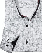 The soft abstract gray tones on light cotton fabric with accent black stitching fosters a cool look without being too bold. Pair this shirt with black or gray bottoms and even jeans for a cool, updated look.  Fashion trim fabric adds flair along with the wine colored neck band piping.  Classic shaped fit.