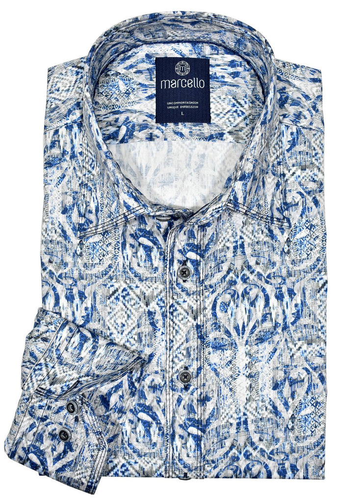 Marcello exclusive triple stitched shirts are a cool look to spruce up any sport shirt.  The blue abstract pattern over white and soft gray creates a fashion look while not being too bold.   Matched buttons and contrast stitchwork.   Classic shaped fit.