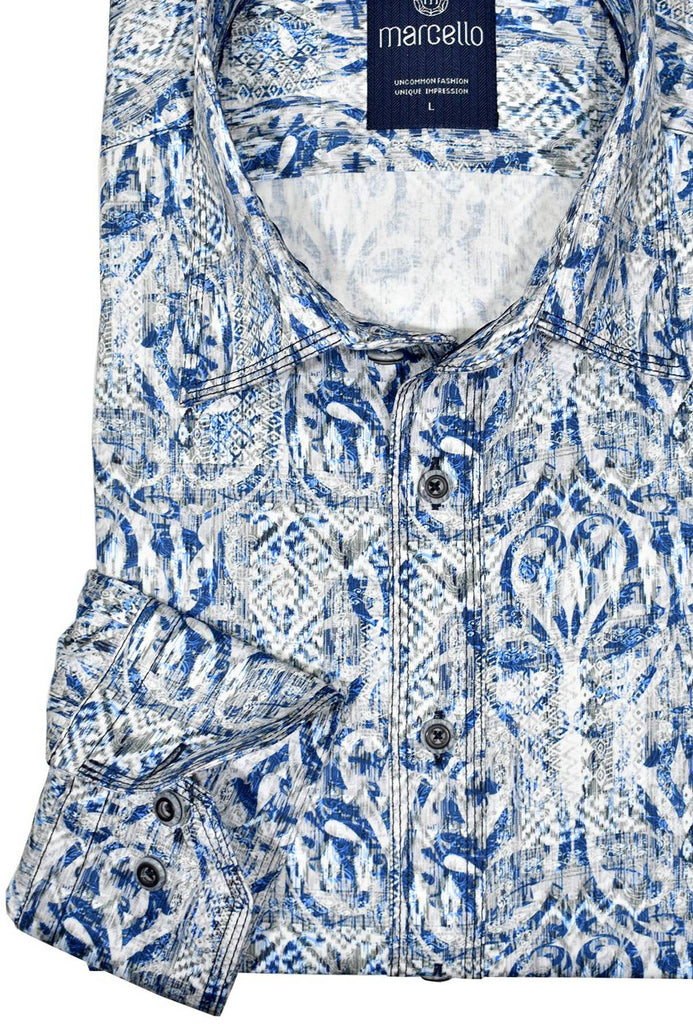 Marcello exclusive triple stitched shirts are a cool look to spruce up any sport shirt.  The blue abstract pattern over white and soft gray creates a fashion look while not being too bold.   Matched buttons and contrast stitchwork.   Classic shaped fit.