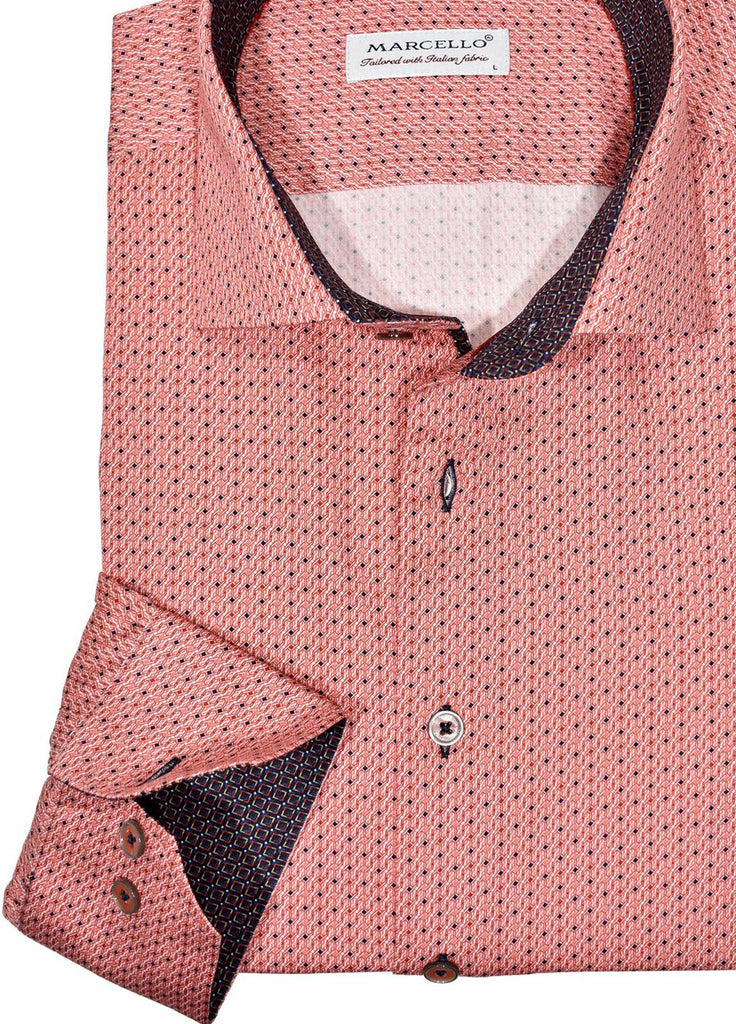 Soft cotton sateen fabric with an elegant square medallion print in ruby and dark gold colors.  An excellent sport shirt to elevate your traditional style with color and an updated neat pattern.  Contrast trim fabric and custom matched buttons finish the style.  Classic shaped fit.