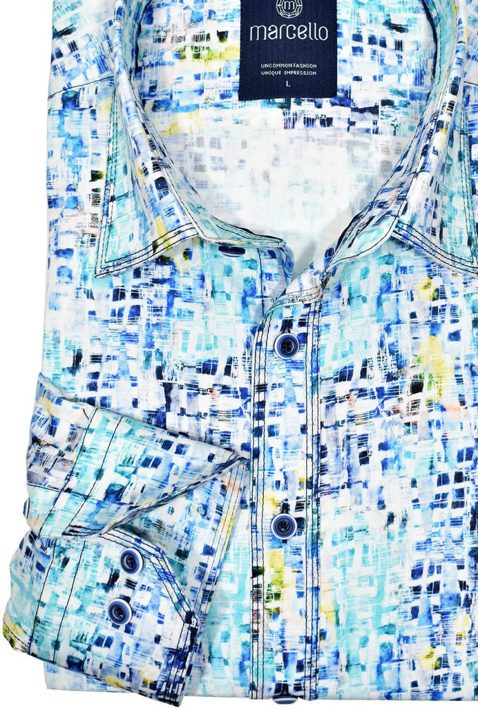 Spring and Summer are here, time to brighten up your look with a fresh shirt sporting teal and blue colorations.  Whether you live in jeans or shorts, this shirt can be easily worn with both.   Signature triple stitch detailing sets the look apart and is accompanied with contrast color stitching and custom buttons.   Classic shaped fit.