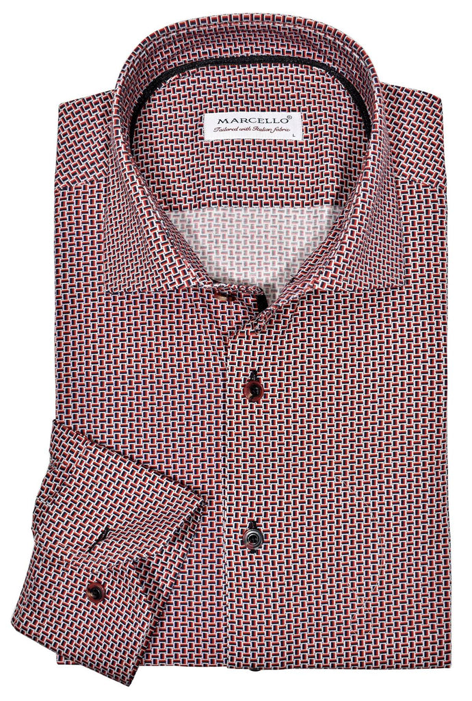 A neat pattern in a chain link design with rich red, ruby and black colors for a sophisticated look to pair with a dark jean or a dress pant. The pattern and coloration yield a rich, elegant look to feature a distinguished image.  Featuring a soft cotton fabric, matched buttons, contrast stitch detailing.  Classic shaped fit.