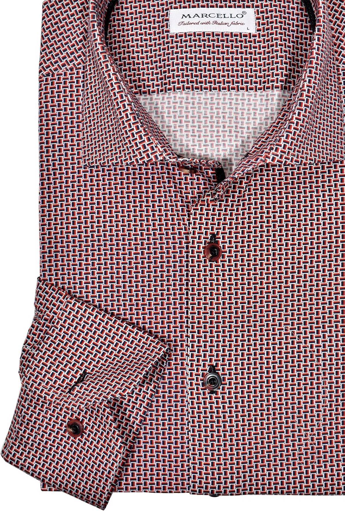 A neat pattern in a chain link design with rich red, ruby and black colors for a sophisticated look to pair with a dark jean or a dress pant. The pattern and coloration yield a rich, elegant look to feature a distinguished image.  Featuring a soft cotton fabric, matched buttons, contrast stitch detailing.  Classic shaped fit.