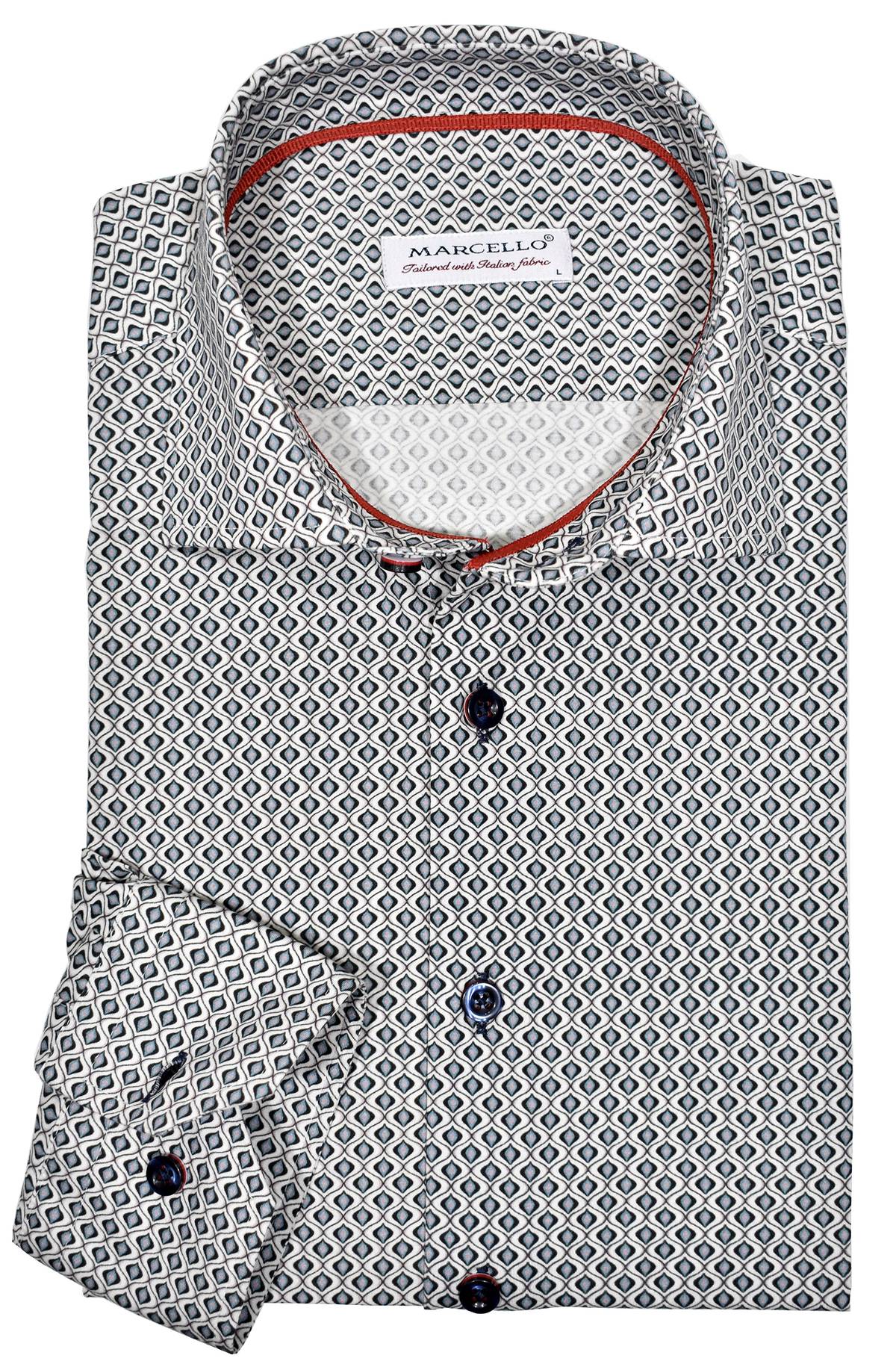 Soft cotton with a little stretch for added comfort. Slate grey abstract medallion pattern provides a unique look to update a traditional style.  A good choice to accompany black or gray family bottoms.  Custom hand selected buttons and cool red accent neck piping.   Classic shaped fit.
