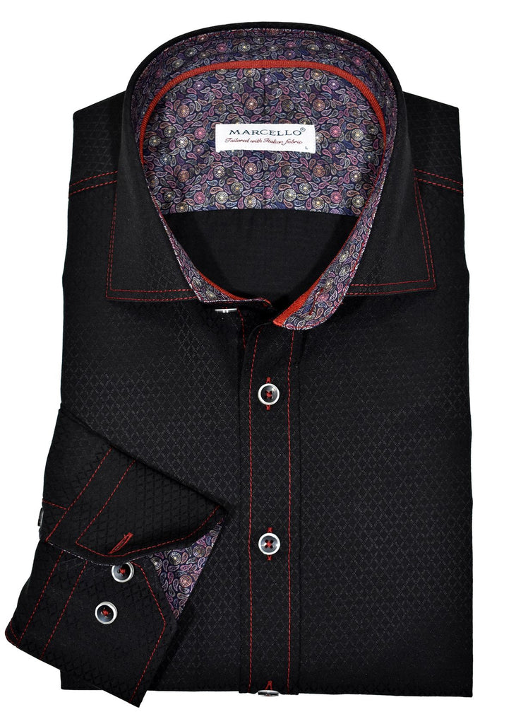 Soft cotton fabric with an fashion open diamond tonal jacquard in the fabric.  With the contrast red stitching, matched buttons and cool paisley trim fabric, this shirt is an absolute to wear with any shade of denim jeans.  Black never goes out of style!  Adjustable cuffs, second button placket for the best way to roll the sleeve and a medium collar.  Classic shaped fit.