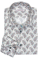 A truly unique shirt sporting an active, floating like, paisley pattern.  Soft cotton/microfiber fabric and neutral tones make this shirt both comfortable and fashionable. Cotton microfiber fabric feels incredible and lightweight on.  Matched trim fabric and custom detailing.  Classic shaped fit.