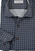 The charcoal and wine medallion pattern with light highlights is an exceptionally rich pattern to foster a debonair image when paired with black or charcoal bottoms.  The fabric is soft to the touch, consisting of cotton with a touch of lycra to provide diagonal stretch. The result is a luxurious feel with a little stretch for added comfort.