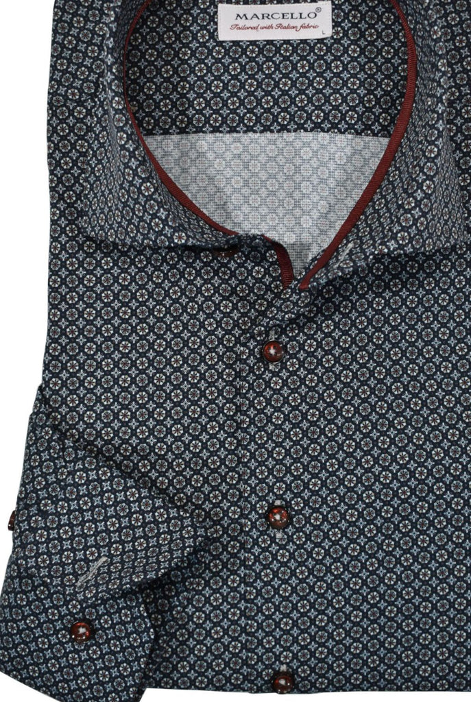 The charcoal ground color and white/wine medallion pattern with light highlights is an exceptionally rich pattern to foster a debonair image when paired with black or charcoal bottoms.  The fabric is soft to the touch, consisting of cotton with a touch of lycra to provide diagonal stretch. The result is a luxurious feel with a little stretch for added comfort.