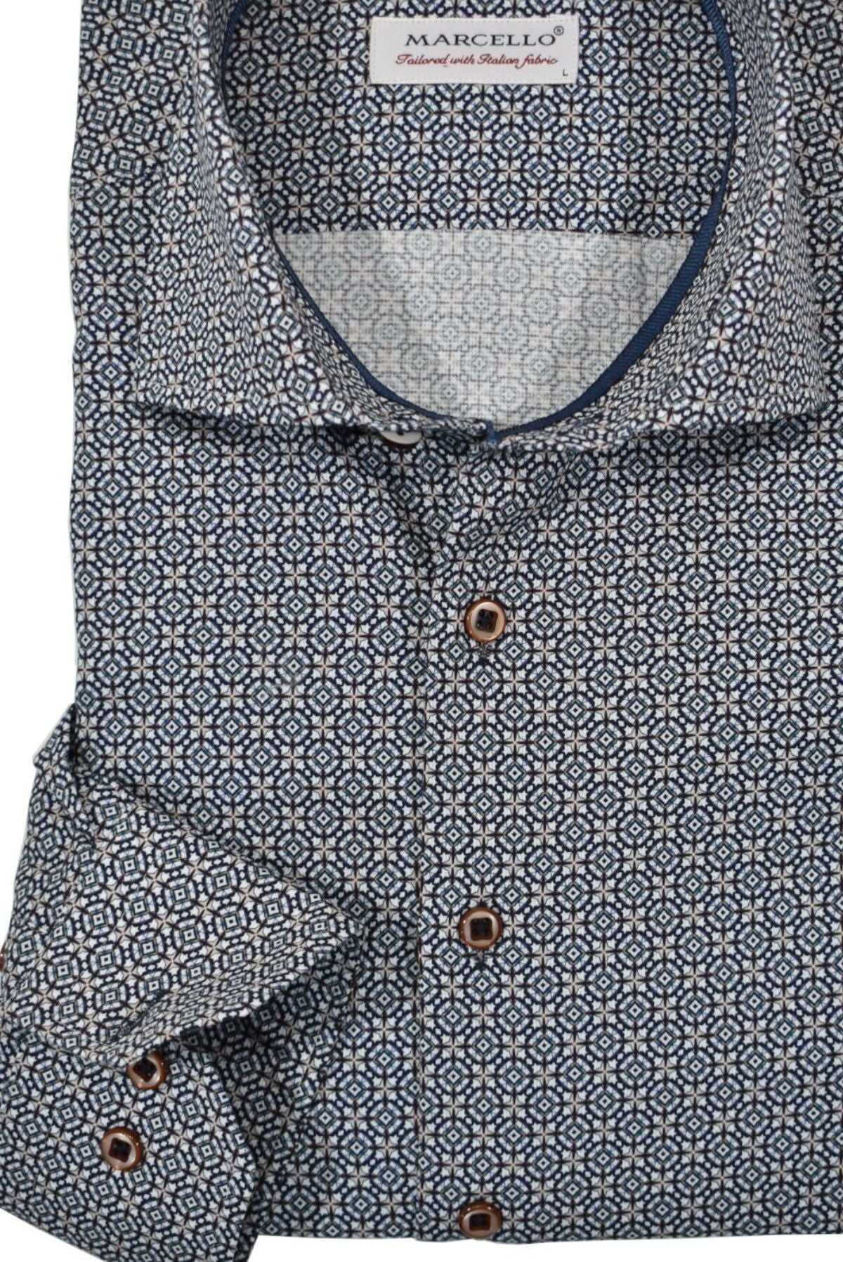 The first impression is the right one! The exclusively rich medallion pattern boasts a mixed medallion on a white ground with regal royal, navy and tan accents colors. An exceptionally rich pattern to foster a debonair image when paired with many colored bottoms.  The fabric is soft to the touch, consisting of cotton with a touch of lycra to provide diagonal stretch. The result is a luxurious feel with a little stretch for added comfort.