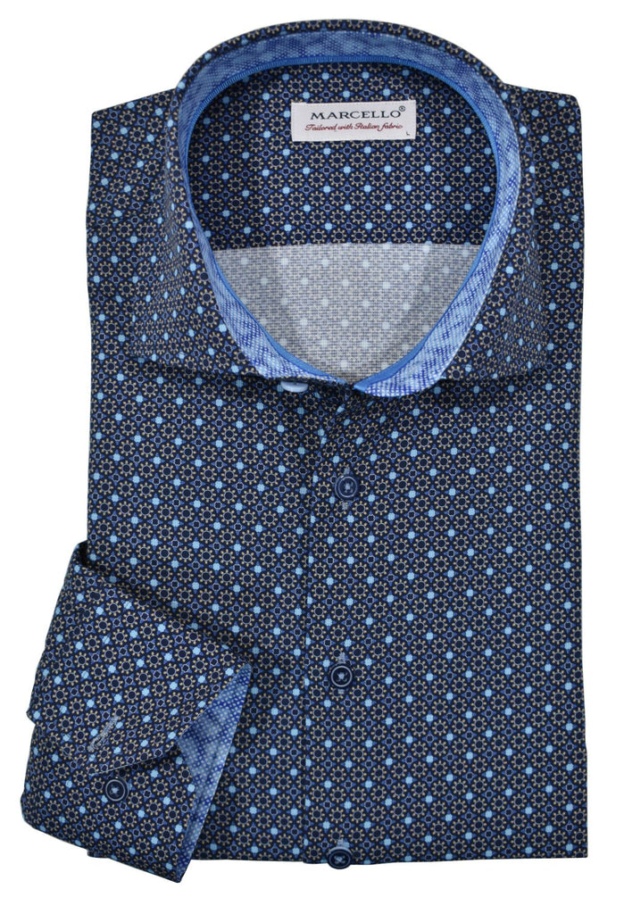 Mixing navy and two lighter blue shades in a star like medallion for a cool, updated traditional sport shirt. An exceptionally rich pattern to feature a dress or casual image when paired with many colored bottoms.  The fabric is soft to the touch, consisting of cotton with a touch of lycra to provide diagonal stretch. The result is a luxurious feel with a little stretch for added comfort.