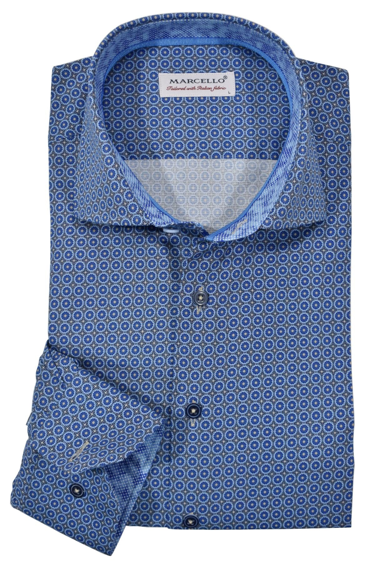 The mixed medallion features an exceptionally rich pattern in shades of blue to for a dress or casual image when paired with many colored bottoms. The bright feel to the shirt pattern creates an upbeat image for a traditional shirt pattern.  The fabric is soft to the touch, consisting of luxe cotton with a touch of lycra to provide diagonal stretch. The result is a luxurious feel with a little stretch for added comfort.