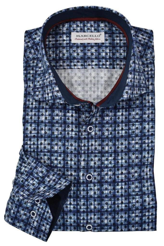 Looking for a cool shirt to pair with any color denims? This is an excellent choice. The white ground with a brushed window pane pattern has random matched dots allover. The cool pattern looks great worn out with the sleeves rolled up.  The fabric is soft to the touch, consisting of luxe cotton and a sateen finish.