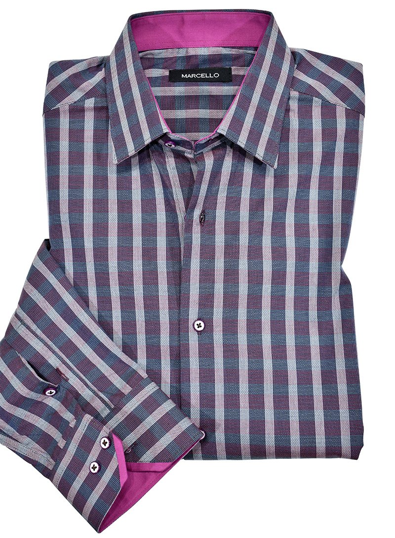 Rich medium plum plaid mixed with complimentary colors.  The soft plaid adds style and an updated look to a traditional pattern.  Hidden button down collar. Customer buttons. Coordinated trim fabric. Modern fit.