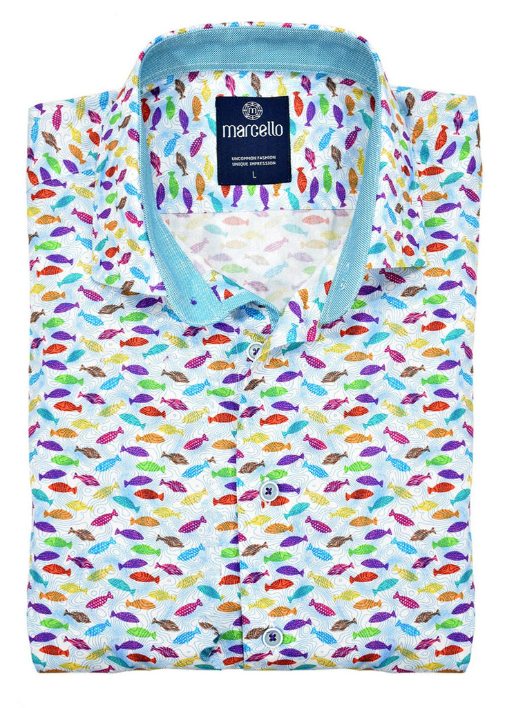 Summertime conversational, cotton shirt, sporting an array of colorful small fish.  Great for any event, better for you image while dining or shopping.