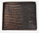 Classic men's leather wallet in the timeless lizard leather stamp print. Solid leather inside with eight card slots and two paper bill sections. Colors: Black, Brown