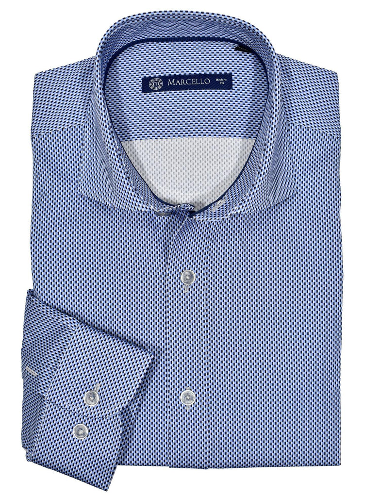 Premium cotton with lycra stretch. Medium spread collar for a contemporary look. Contrast stitch detailing adds style. Our exclusive two button cuff system creates the perfect turn up cuffs. Modern fit is best for a slim to medium build. Our model is 5'9" 160lbs and the MD is perfect.