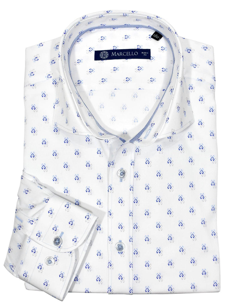 Premium cotton with lycra stretch. Medium spread collar for a contemporary look. Contrast stitch detailing adds style. Our exclusive two button cuff system creates the perfect turn up cuffs. Modern fit is best for a slim to medium build. Our model is 5'9" 160lbs and the MD is perfect.