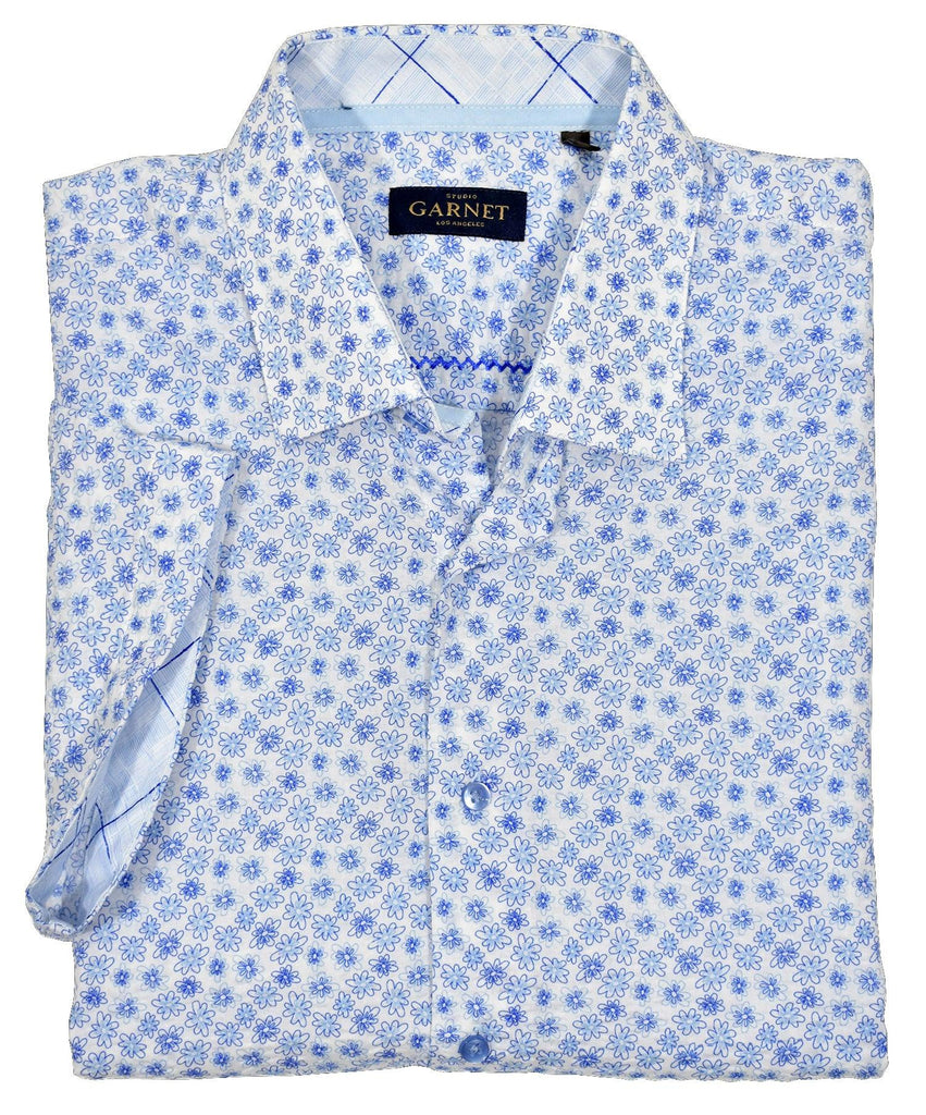 Trendy neat floral for a perfect contemporary look on a cool seersucker base fabric.  The light, airy feel is perfect for Spring / Summer and creates a cool style with jeans, pants and shorts.  Soft cotton fabric. Short sleeve. Medium collar. Accent detailing. Classic shaped fit. Imported.