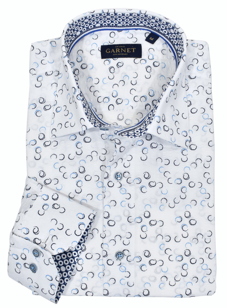 What a cool Spring/Summer shirt to wear dressy or casual. The printed colors on a white ground are perfect for jeans, pants or shorts.  Roll the sleeves, open a few buttons and you are sporting a cool fair weather look.  Medium collar, trim fabric and fashion neck band piping.  Classic shaped fit.