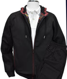 The ultimate in leisure set style, this black set features a soft cotton microfiber fabric with a contemporary hoodie style top.  Side slash pockets on the jacket and pant have an extra fine zipper closure and both the pant and jacket have draw string functionality.    Jacket sports a fashion lining for added style.  Pant has a full stretch waist band and classic pockets, all with fine zipper closure.  Open bottom pants, non functioning fly.  Modern fit, perfect for a medium to slim build.