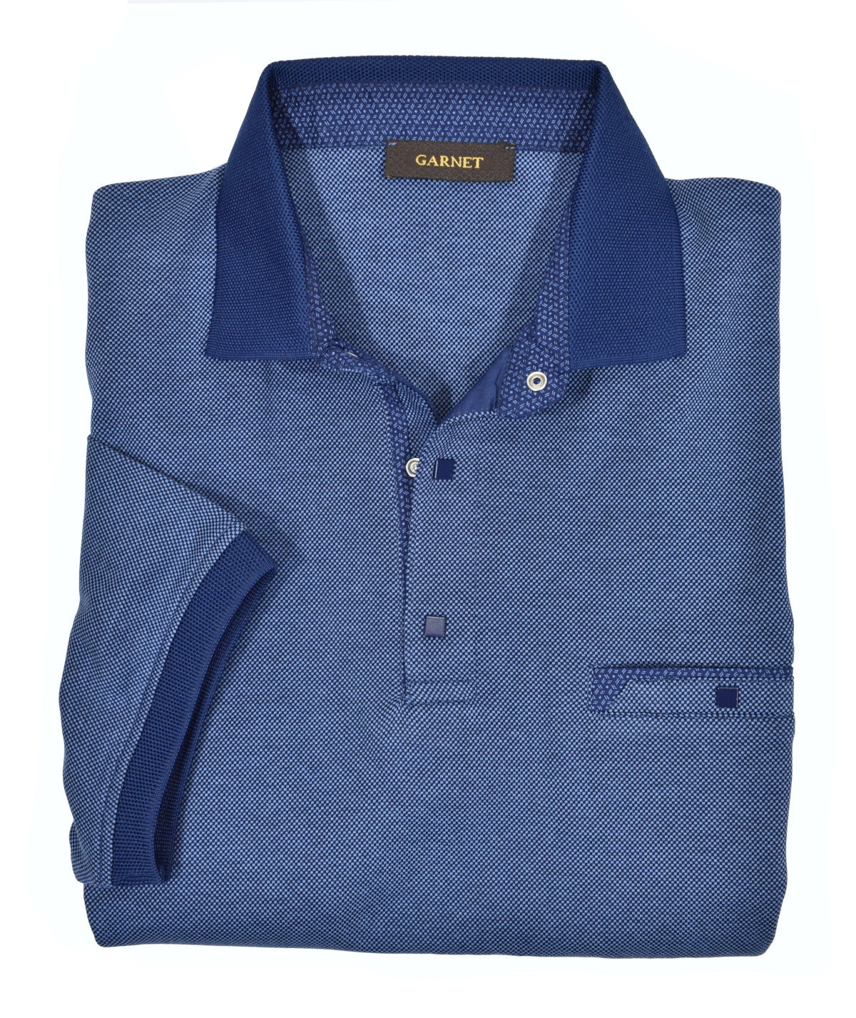 Mercerized cotton is extra fine, feels great and looks expensively elegant.  The extra fine dot pattern coupled with a snap closure, fashion collar, trim fabric, and trend pocket make this polo special. A must have for this season.  Classic shaped fit.   Colors: Blue, Tan  Modern fit.