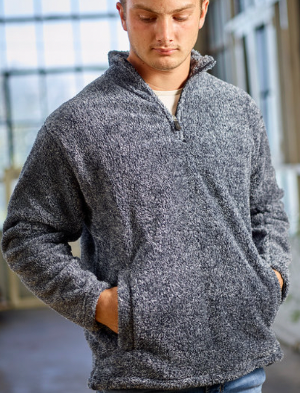 Great item for when you need to throw on something warm, soft and cool with a pair of jeans or sweats.   The soft grey coloration with a hint of charcoal/black highlights pairs well with any color combination.   Front kangaroo pockets and a soft zip mock for added comfort.  Polymicrofiber fabric, classic fit.