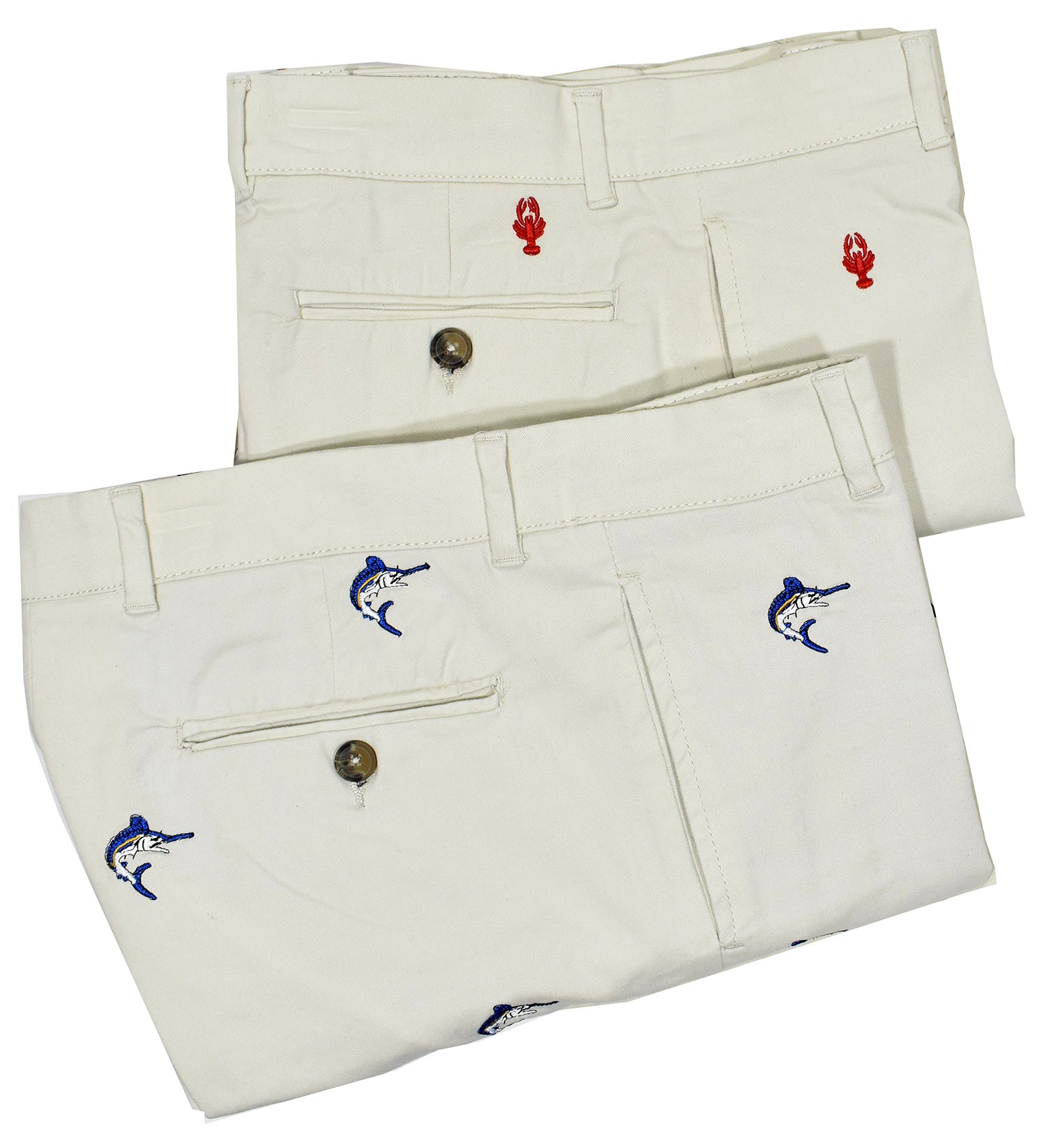 Add a twist of style this Spring/Summer with our embroidered walk shorts.  The cotton, fine twill fabric with stretch makes comfort a given and the allover embroidery adds unique style.  Classic fit and just above the knees length is perfect.  Choose from Marlins or Lobsters.