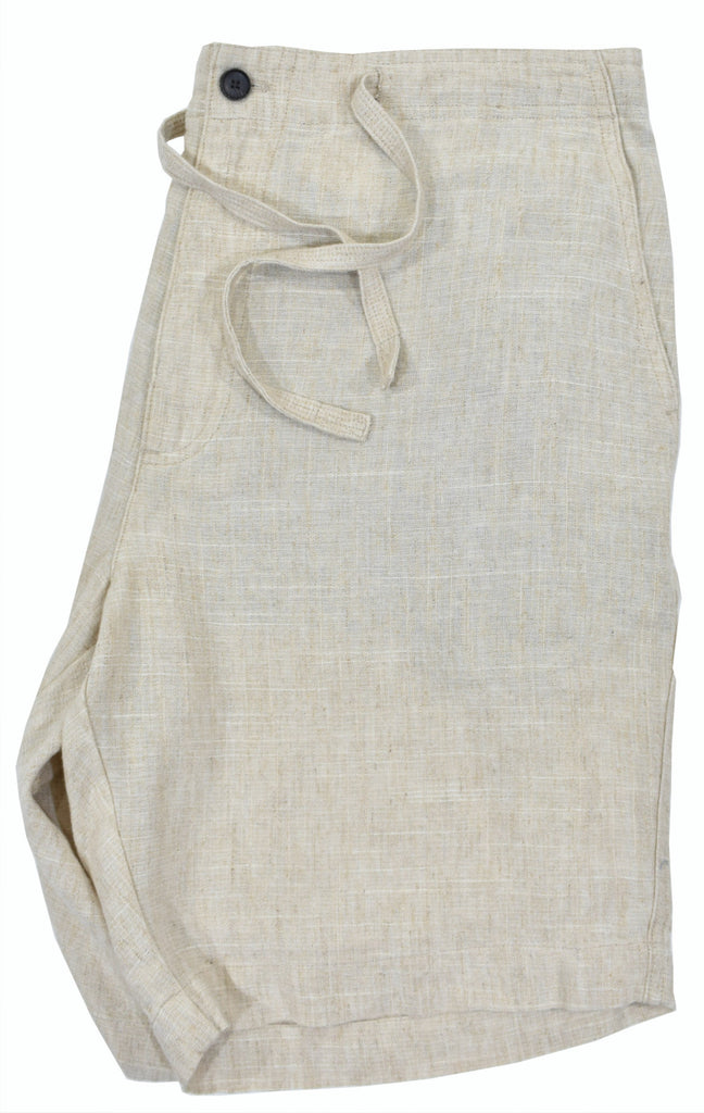 Soft washed 60% pure linen and 40% viscose feels great to the touch and has the characteristic look of linen without the negative attributes.  Draw string comfort waist with built in half stretch along the back, side slash pockets and two rear button through pockets.  Classic fit.  9" inseam with the bottoms just above the knees.
