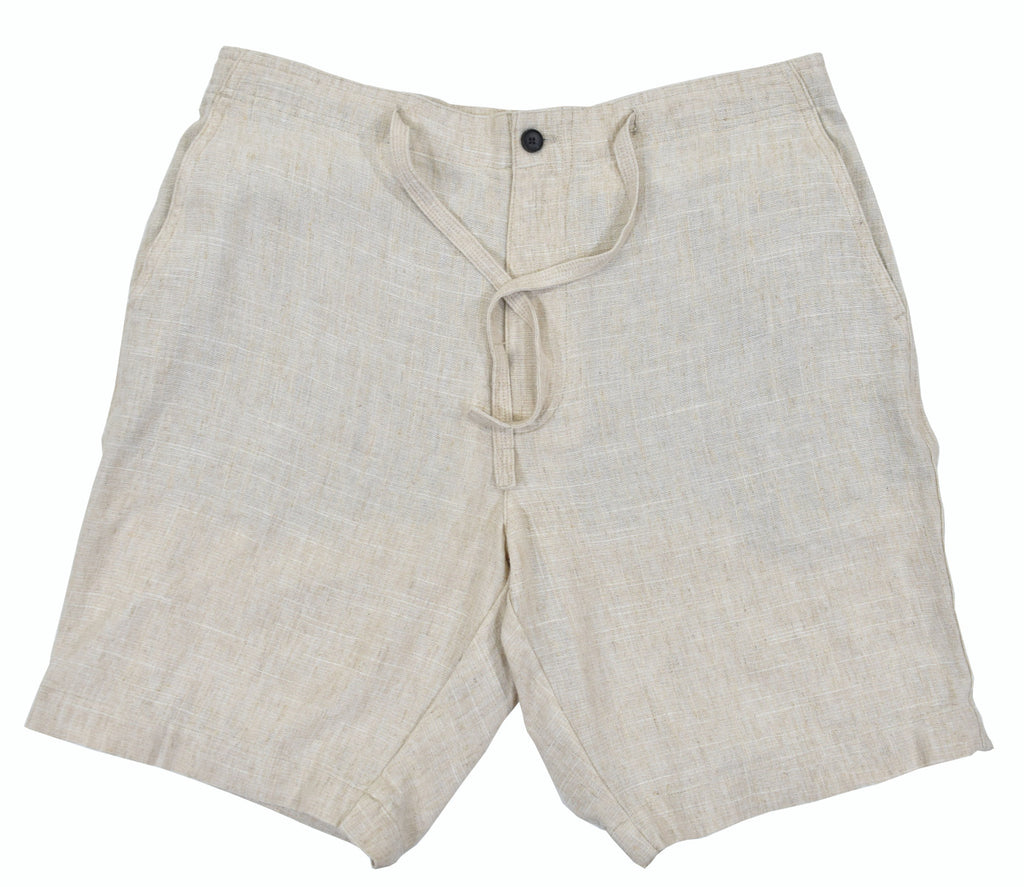 Soft washed 60% pure linen and 40% viscose feels great to the touch and has the characteristic look of linen without the negative attributes.  Draw string comfort waist with built in half stretch along the back, side slash pockets and two rear button through pockets.  Classic fit.  9" inseam with the bottoms just above the knees.