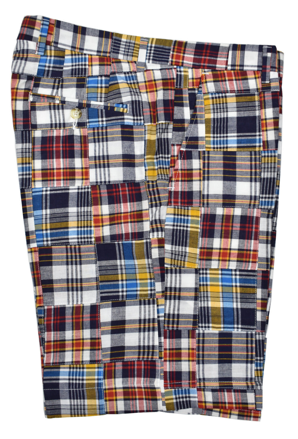 Dress up your Spring/Summer look with a traditional madras patterned short, sure to be a welcome change from your everyday solid shorts.  100% soft combed cotton for comfort and breathability. Cool patchwork style adds an array of color perfect to pair with many color tees.  Just above the knees length, classic pockets and classic fit.  Colors: Black, Red