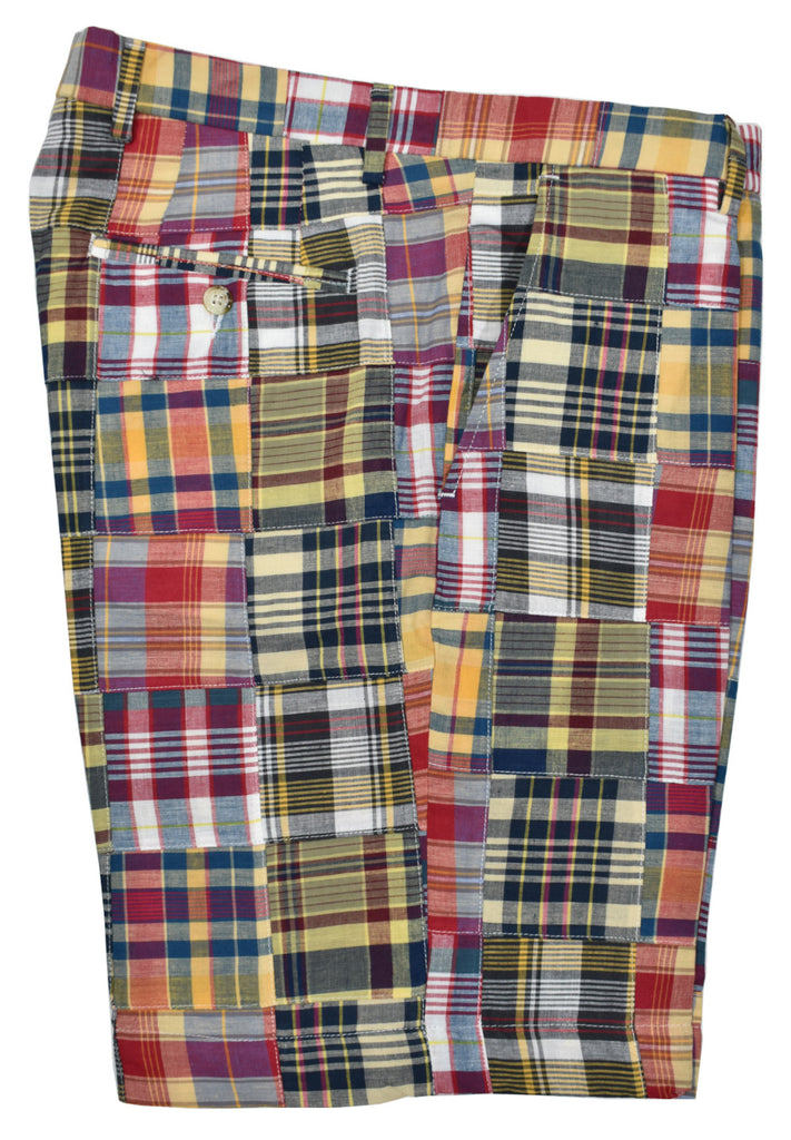 Dress up your Spring/Summer look with a traditional madras patterned short, sure to be a welcome change from your everyday solid shorts.  100% soft combed cotton for comfort and breathability. Cool patchwork style adds an array of color perfect to pair with many color tees.  Just above the knees length, classic pockets and classic fit.  Colors: Black, Red