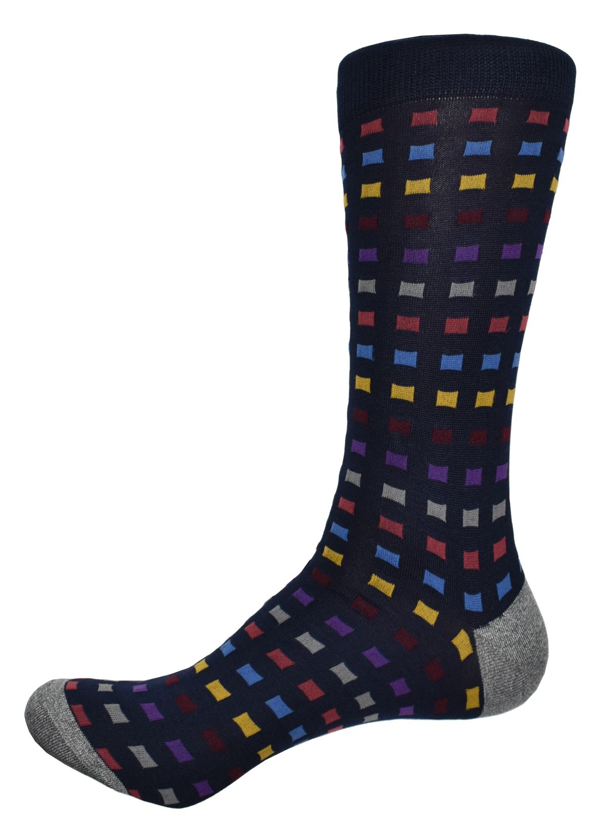 Exquisite Dion collection socks are knitted with extra fine mercerized cottons. The result is a rich feeling sock with crisp color depth.  Dark navy with multi colored boxes.  Mid to upper calf height.  Sizes 8-12.