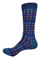 Exquisite Dion collection socks are knitted with extra fine mercerized cottons. The result is a rich feeling sock with crisp color depth.  Royal with multi colored boxes.  Mid to upper calf height.  Sizes 8-12.