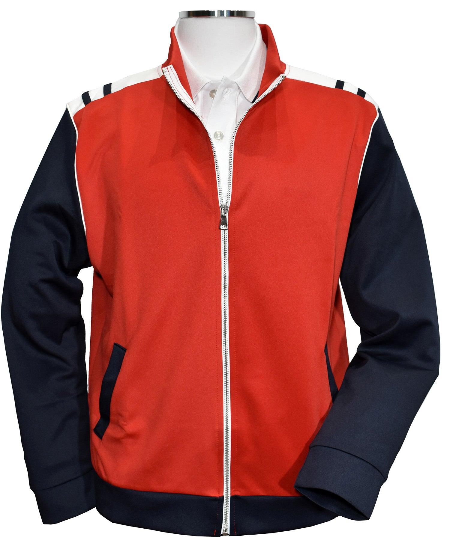 Poly microfiber fabric for comfort and style. Accent red and white trim creates a flair sure to get noticed. Classic jacket style with side slash pockets and full zip, great for layering. Pant features a stretch waist band, tie front and classic pockets. Pants feature an open bottom. Made in Italy.