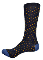 Soft cotton mid calf sock with a uniformly spaces eighth inch dot pattern.  Perfect for adding style to a basic sock or with dress pants.  Heather navy ground with a camel dot.   Fits sizes 9-12.