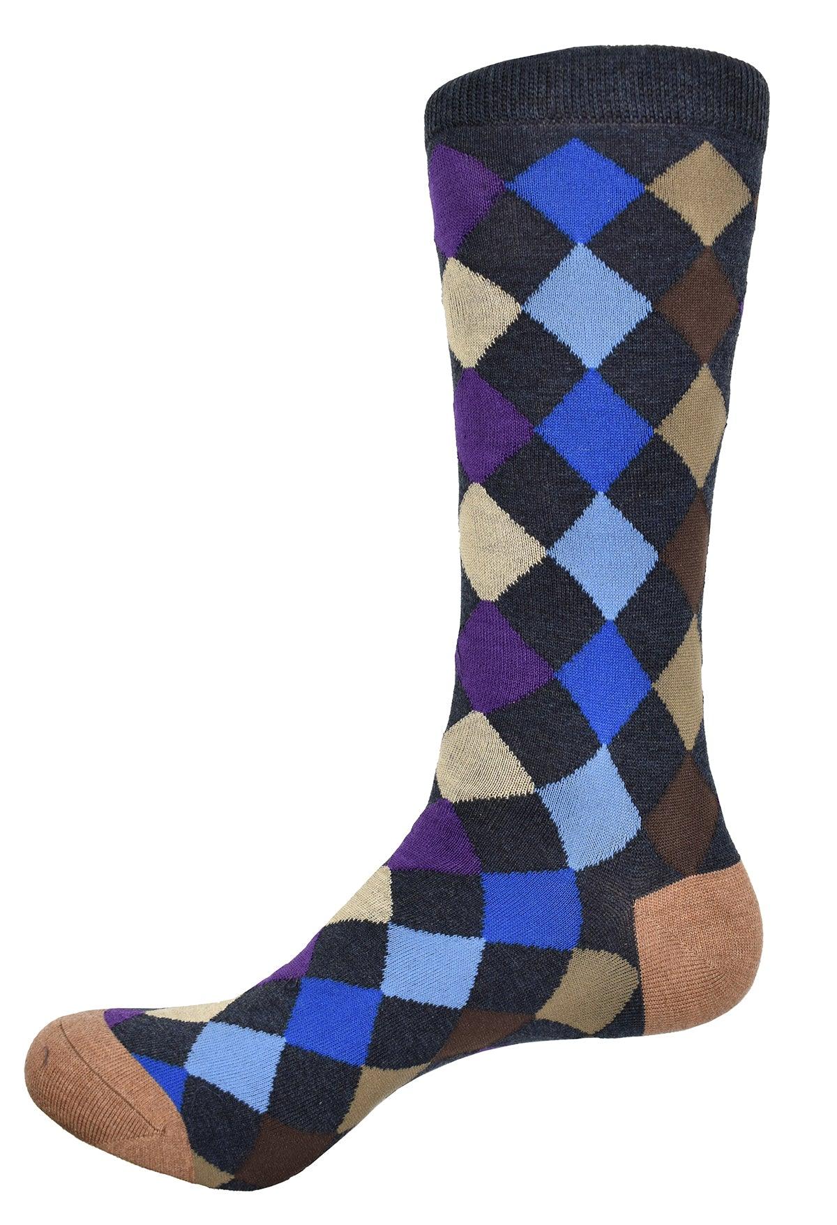 Warm colors in a diamond pattern to work with bottoms in the blue or tan family.  Soft mercerized cotton. Mid calf height. Fits size 9-13  Sock by Marcello Sport