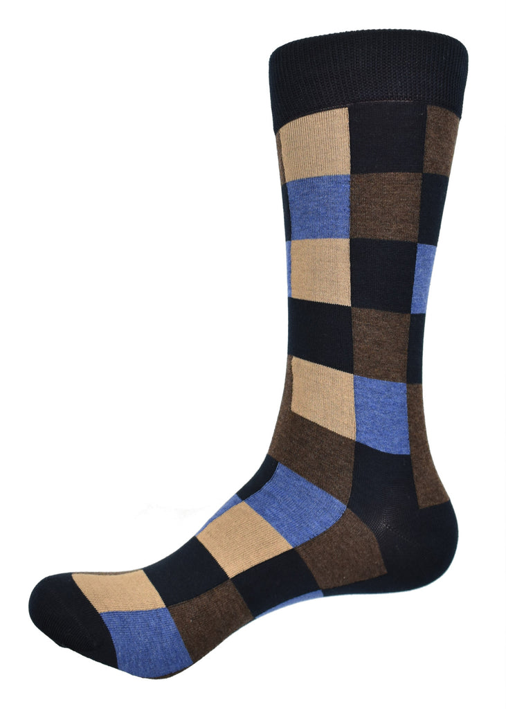 Indigo Brown Black Geometric Sock  Soft Mercerized Cotton with nylon blend for comfort. Perfect to pair with tan, brown, denim or black pants. One size, mid calf.