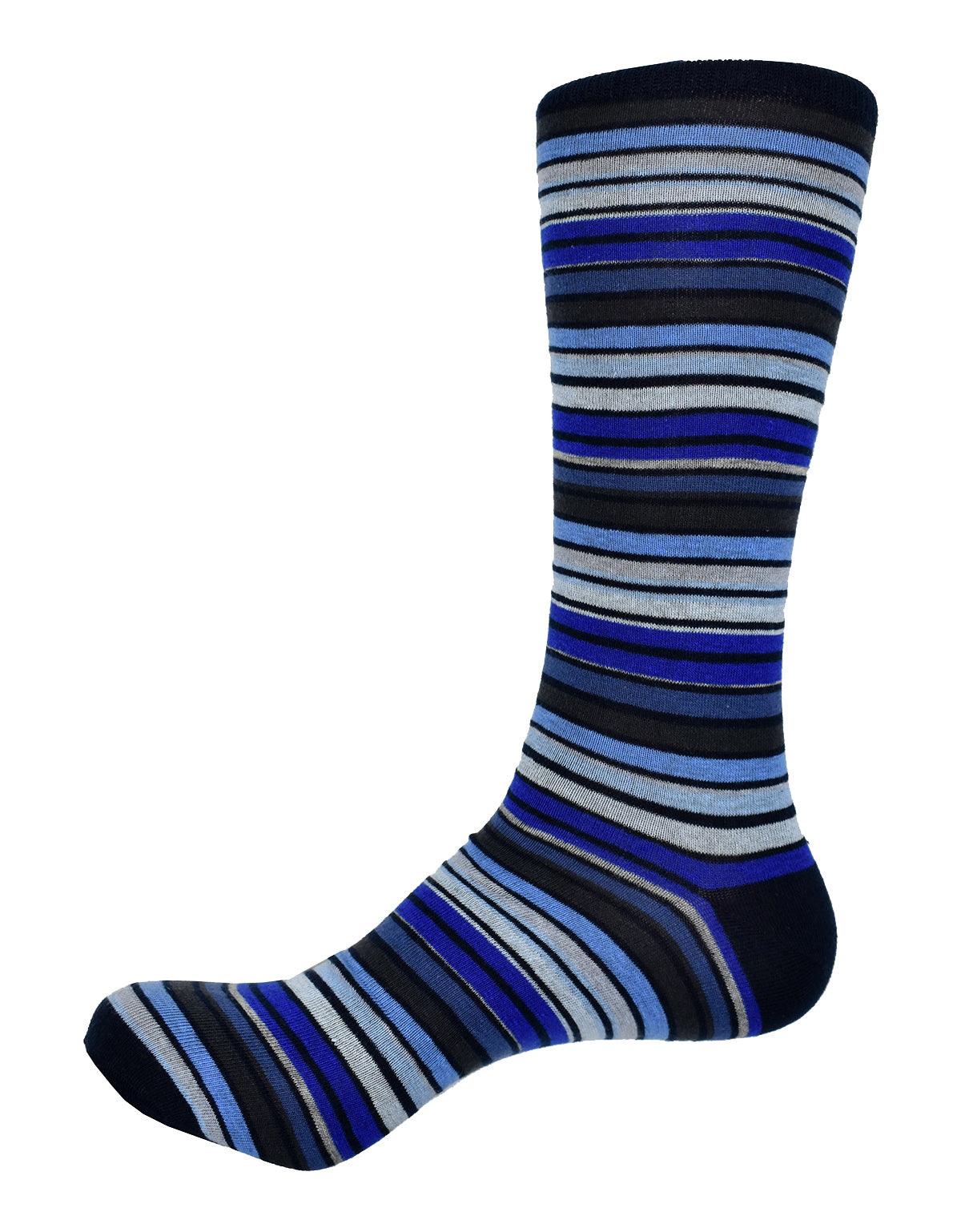 Add a great look to your outfit with these navy toned multi socks.  The perfect complement to your jeans.  Soft mercerized cotton. Above the calf style. Fits sizes 9-13.