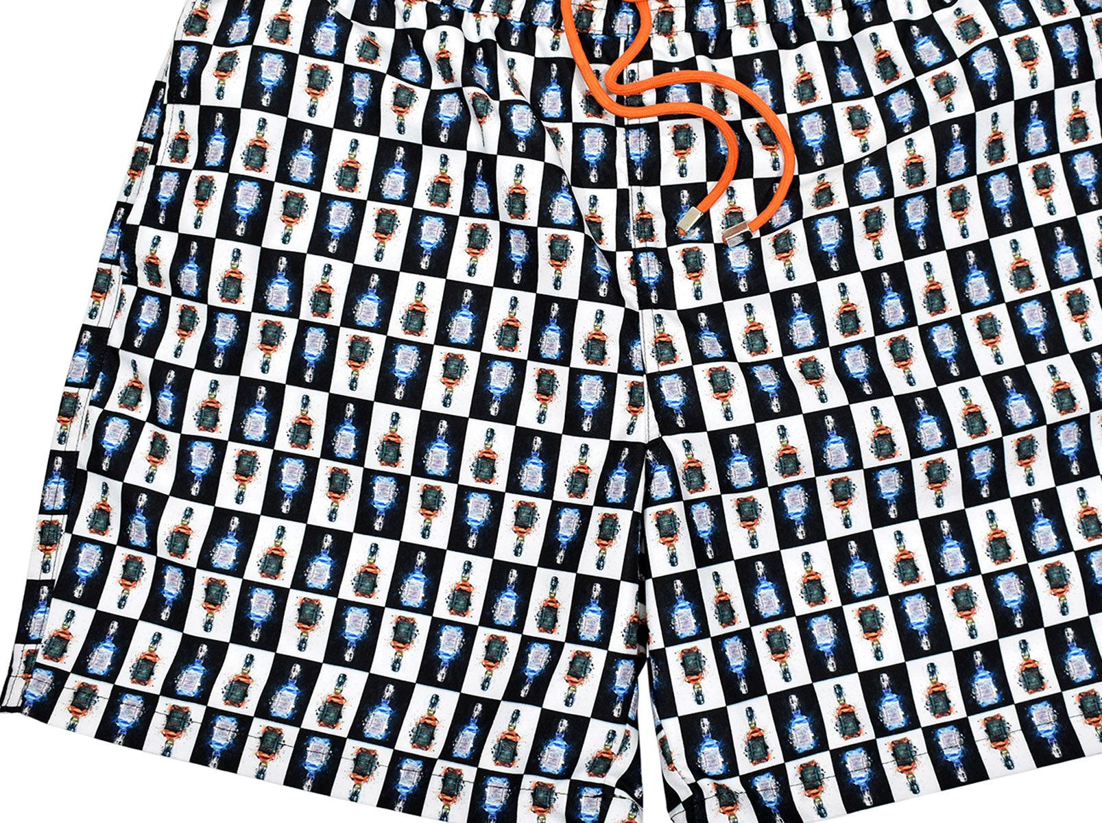 Our cool microfiber fabric swim shorts feature a unique pattern sure to set your image at the pool or beach.  Classic quick dry fabric. Elastic stretch waist band with fashion draw strings. Side slash pockets and back pocket. Mesh lining. Modern fit, order up one size if between sizes.  Bottles print, by Marcello Sport.