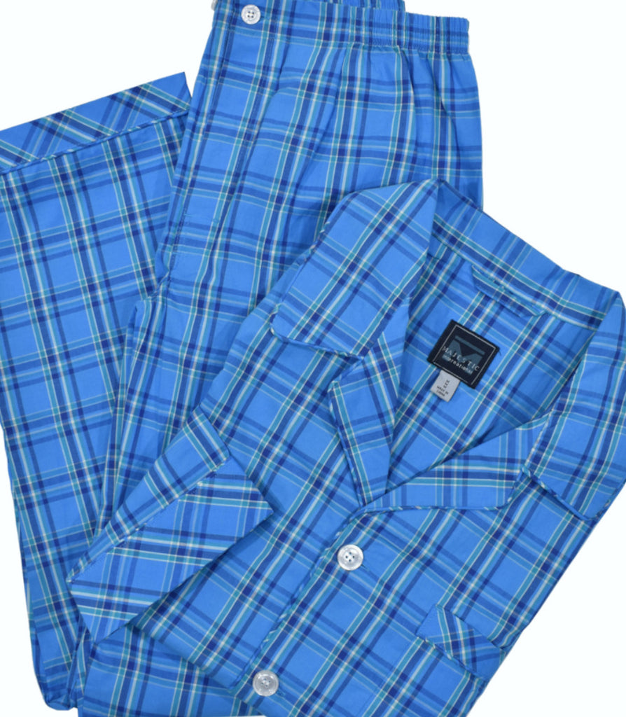 Classic cotton plaid pajamas with a button front coat top, edge piping and a chest pocket.   Pants feature a draw string waist, functional fly and 3/4 waist band stretch for enhanced comfort.   Soft Spring/Summer blue coloration.  Classic fit.