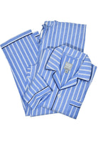 Our regal series pajama sports a classic stripe textured with an elegant diamond pattern.  Soft cotton fabric with a classic button front coat top, with edge piping and classic stretch waist band draw string pants.  Classic fit.