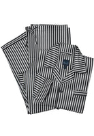 From our majestic collection, the striped pajama changes up the typical plaid look. Coat front top with chest pocket and edge detailing. Open pant with draw strings for added comfort. Classic fit.  Black Stripe Madison Pajama  100% cotton machine washable Draw string pant Shirt style top with chest pocket